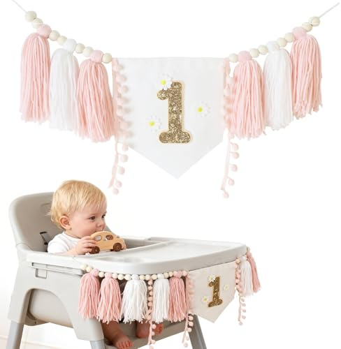1 Geburtstag Hochstuhl Banner Rosa Partydeko Geburtstagsdeko 1 jahr Vintage Leinen Girlande für Mädchen Jungen Baby Dusche Kinderzimmer mit Gänseblümchenmuster (Gänseblümchen)