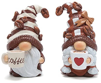 ZAWUU Coffee Gonk Gnomes Figurines — 2-Pack Resin Swedish Tomte Gnome Decor & Gift for Coffee Bar, Kitchen, Office Desk & Tiered-Tray Ornament
