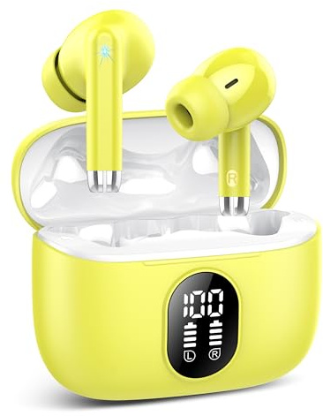 QXQ Nuovo Cuffie Bluetooth, Auricolari Bluetooth 5.4 Hi-Fi Stereo con 4 ENC Mic, 40 Ore Mini Cuffiette Bluetooth Cancellazione Rumore Cuffie Wireless, Cuffie Senza Filo per Android/iOS, Giallo Puro