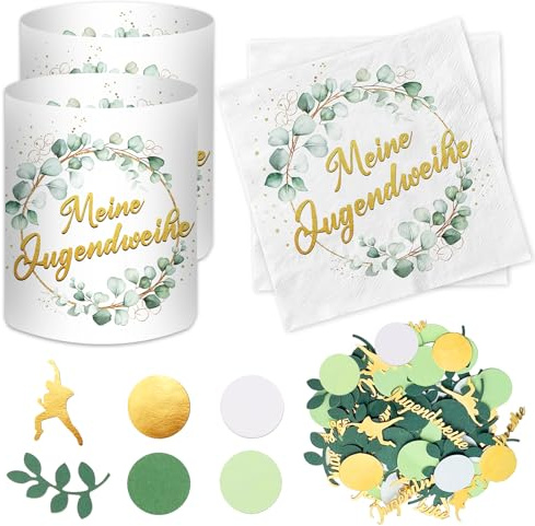 20 Stück Servietten Jugendweihe + 12 Windlicht +100 Konfetti Tischdeko, Jugendweihe Deko Mädchen Junge 2026 Eukalyptus Grün Gold, Party Deko Geschenke Gastgeschenk