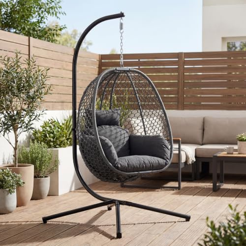 Ya-Home Silla Colgante Exterior Columpio Balancín Jardín,Gris Oscuro | Estructura Metálica, Ratán Sintético, Plegable, Impermeable, Antideslizante, con Cojín y Reposacabezas, Ergonómica