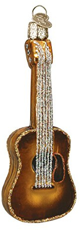 Old World Christmas Glitter Brown Guitar Glass Blown Ornament for Christmas Tree, Handcrafted Holiday Decoration, Music Collection