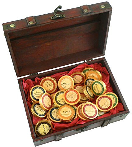 Mini-Schatztruhe Schoko-Schätze, Schokoladentaler, Herkunftsschokoladen aus 6 Ländern