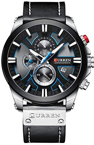 CURREN Herren-Armbanduhr, luxuriös, Chronograph, großes Zifferblatt, Leder, wasserdicht, Sport, Armee, Militär, silber, schwarz, Chronograph, Quarz-Uhrwerk