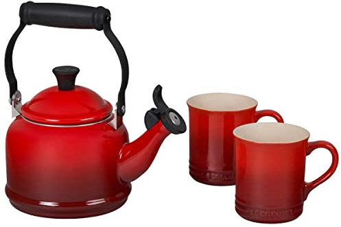 Le Creuset Demi Bouilloire & Set de 2 tasses en émail cerise sur théière en acier, 1,25 ct