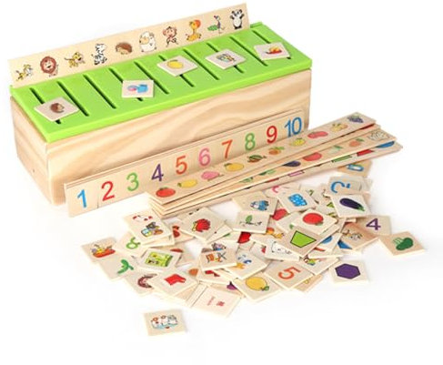 Garosa Sortierbox Kinder, Hölzerne Klassifikationsbox mit Deckel 80 Objekte Kinder Sorters Match Games Lernspielzeug