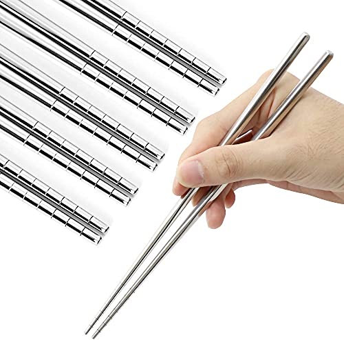 Juego de 5 pares de palillos de acero inoxidable, palillos de metálicos reutilizables, aptos para lavavajillas, ligeros y fáciles de usar