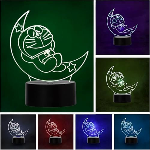 Wolobox | Lampara LED DORAEMON LUNA | Decoración Ambientes | Lampara de Mesa de Noche |Luz Nocturna de Colores | Iluminación Niños y Adultos |USB | LUZ Fija o Carrusel | Cable - Pilas |