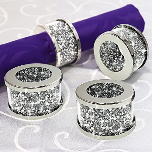 Serviettenhalter mit silberfarbenem Diamant-Glas, Edelstahlrahmen, Kristall-Silber-Serviettenringe, Set mit 4 Stück, glamouröse Serviettenschnallen, Stoffhalter, funkelnde, glitzernde Diamanten,