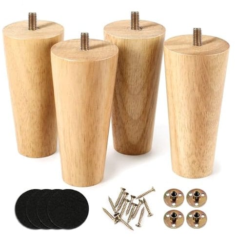 Eidoct Set of 4 Solid Wood Furniture Legs 10cm/4 Long - Tapered Replacement Legs with Rubber Protection Pads & Pre-Drilled M8 Screws for Bed, Table, Chair, Sofa, Footstool