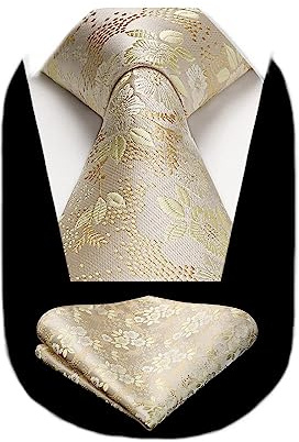 HISDERN Gold Ties for Men Wedding Tie and Pocket Square Set Elegant Floral Tie Silk Necktie & Handkerchief Sets Party Business