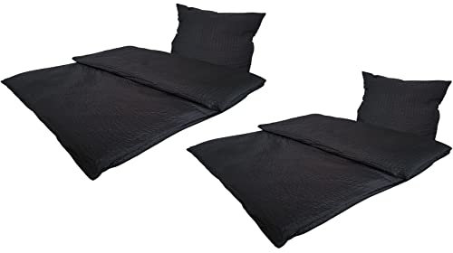 MB Warenhandel24 Bettwäsche Seersucker Microfaser 4 teilig Doppelpack Spar Set mit Reißverschluss 2X 135x200 cm + 2X 80x80 cm (Schwarz)