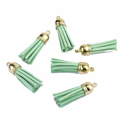 SHTGOI 20 Stück Leder Quaste 3CM Klein Wildleder Quaste mit mit Goldener Kappe Kunstleder Schlüsselanhänger Taschenanhänger Troddel Anhänger für DIY Tasche Schmuck Basteln Charm Zubehör Hellgrün