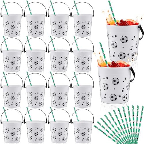 Lemosae 24 Pcs 32 oz Soccer Buckets with Handles and Straws Soccer Party Favors Rum Buckets Small Plastic Ice Soccer Cocktail Buckets Bulk Reusable Punch Bowls for Drinks Beverages Beer