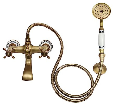 Sistema de ducha retro de lluvia con grifería, juego completo de grifo de ducha de latón, grifo de pared, bañera, dorado con asas en cruz, 2 modos de chorro de agua