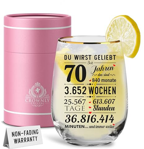 CROWNLY CRYSTAL® Personalisiertes Glas 70. Geburtstag – Geburtstagsgeschenk Frauen Männer – Kristall Cocktailglas Geschenkbox Handgefertigt