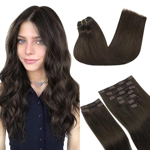 GOO GOO Clip in Extensions Echthaar, Echthaar Extensions Clip, 45cm 150g 9pcs, Extensions Echthaar, Haarverlängerung Echthaar, 2A Hellbraun