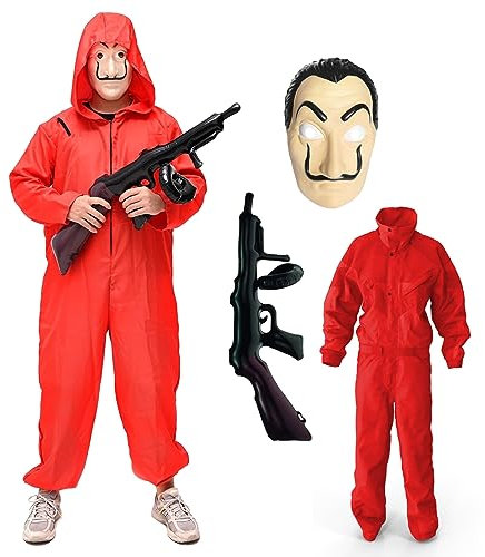 TK Gruppe Timo Klingler 10x Kostüm Set - Haus des Geldes 3 in 1 Unisex für Erwachsene Unisex mit Dali Salvador Maske, Gewehr, Anzug für Fasching & Halloween (M-L / 160-180 cm) - 10x !