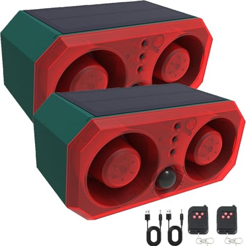 Solar Outdoor Motion Sensor Alarm with 13Sounds,KINGCOO 130db Dual Speaker Gunshot Dog Barking Sound Recording and Adjustable Volume Warning Security Strobe Light for Farm Yard Orchard Barn (2PCS)
