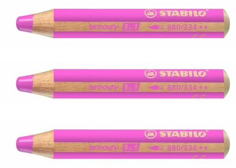 STABILO Woody 3-in-1-Bleistifte, extra groß, Dunkelrosa, 3 Stück