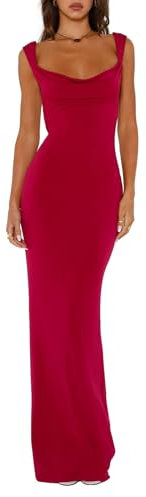FeMereina Y2K Robe longue moulante sans manches dos nu avec nœud en satin pour sortir, fête, cocktail, rose rouge, S
