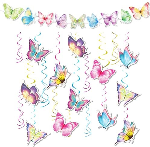 Schmetterling Deko Geburtstag - 21 Stück Bunte Hängende Wirbel Dekorationen, Girlande, Farbenfrohe Party Papier Luftschlangen für Party Zubehör