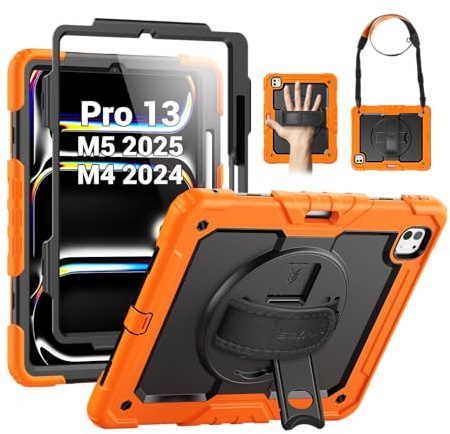 SEYMAC Hülle für iPad Pro 13 Zoll M5 2025 / M4 2024, Heavy Duty Stoßfest Schutzhülle mit Displayschutzfolie, 360° drehbarer Ständer, Hand-/Schultergurt und Stifthalter, Orange