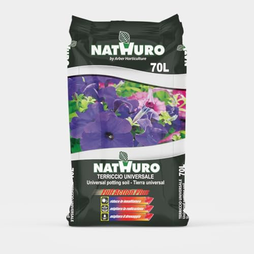 LEADER, Terriccio Universale Nathuro, Per Piante in Spazi Limitati, Vasi e Cassette, Crescita Rigogliosa e Fioriture Abbondanti, Migliora Radicazione e Drenaggio, Riduce Innaffiature, Sacchetto da 70L