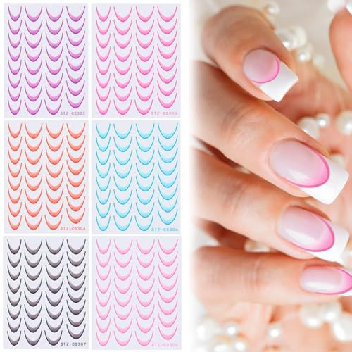 Cosmeria Set di 6 adesivi colorati French Line Nail Art Stickers, pellicola autoadesiva per unghie francesi, stencil per manicure fai da te e adesivi per unghie