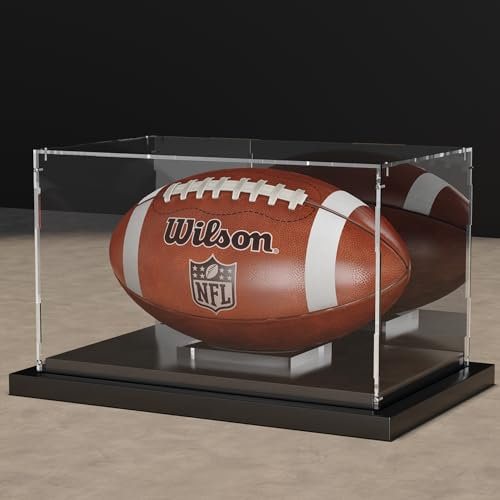 Putros Fußball-Vitrine mit Spiegel und schwarzem Metall-Rillenboden, Acryl-Fußballkoffer mit transparentem, abnehmbarem integriertem Fußball-Display-Ständer für signierten Fußball