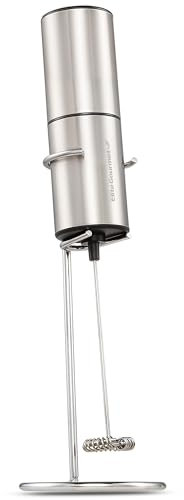 Elite Gourmet EMF9SS inalámbrico, funciona con pilas, espumador de leche, botón de encendido, batidor de acero inoxidable de grado alimenticio, soporte vertical, lattes, capuchinos, matcha, chocolate