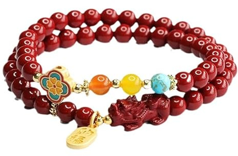 Bracciale a doppio anello in oro viola con cordino a mano cinabro, amuleto cinese per prosperità e protezione, About 6mm beads, Pietra