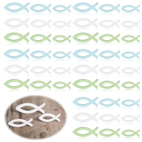 Nogeqi 90 Stück Holzfische Konfirmation Deko, Holz Fischtaufe Deko Junge, Fischtischdeko Konfirmation, Fischstreudeko Taufe, Fisch Streudeko Kommunion 3 Größen (Blau Weiß Grüner)