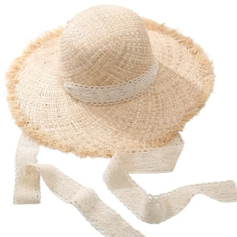 Chapeau de Paille à Large Bord, Chapeau de Solaire Paille Femme, Chapeau de Paille Rond avec Ruban de Dentelle Blanc, Chapeau de Paille Plage pour Voyage Décoration Vacances D'été, Beige