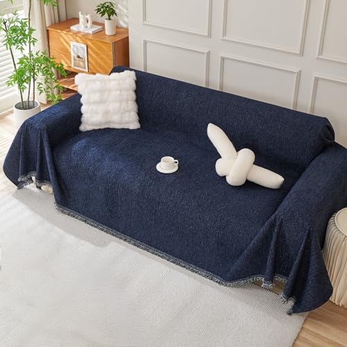 Royhom Sofa Überzug Chenille, Sofabezug L Form, Couch Überzug Ecksofa, Sofaüberwurf 3 Sitzer, Couch Überwurf mit Deko Quasten, Blau Sofa Überwurf(Navy, 180x340cm)