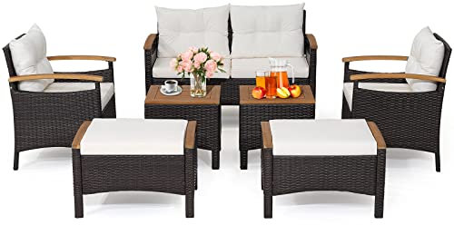 COSTWAY Rattan Gartenmöbel Set, Balkonmöbel, Balkonset inkl. 2 Stühle mit Hocker, Bank, Tisch & Kissen, Tischplatte und Armlehnen aus Akazienholz, Terrassenmöbel, Gartengarnitur, Sitzgruppe für Garten