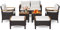 COSTWAY Rattan Gartenmöbel Set, Balkonmöbel, Balkonset inkl. 2 Stühle mit Hocker, Bank, Tisch & Kissen, Tischplatte und Armlehnen aus Akazienholz, Terrassenmöbel, Gartengarnitur, Sitzgruppe für Garten