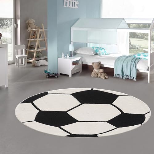 Teppich-Traum Kinderteppich rund Fußball 3D-Effekt schwarz weiß weich Kinderfreundlich, 140 cm Rund