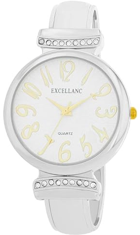 Excellanc Damen-Spangenuhr Metallarmband Armreif lesbare Ziffern Länge 16 cm Quarz-Armbanduhr Geschenkidee für Frauen (Silber/Weiß/Gold)