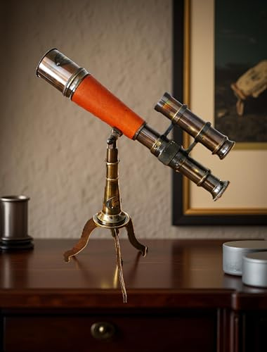 Vintage Brass Telescope with Tripod Stand 32cm – Nautical Spyglass with Leather Wrap & Finder Scope – Antique Decorative Collectible for Desk, Library, or Office Decor