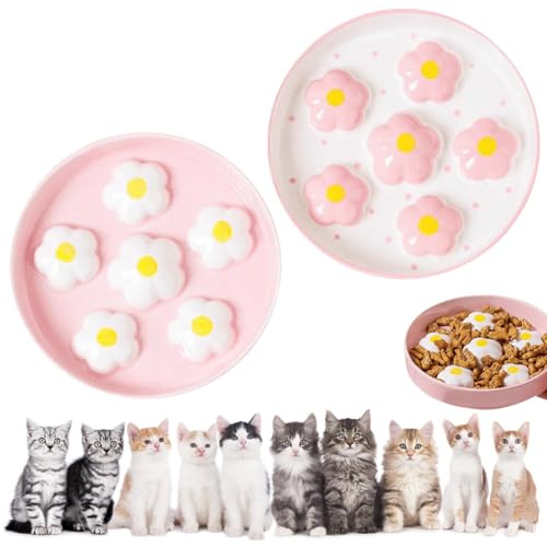 LEKEFETO 2 Stück Anti Schling Napf Katzen Keramik, Antischlingnapf Katze, Langsam Fütterung Katzennapf, Fressnäpfe für Katzen, für Alle Katzengrößen - 16 x 16 cm, Rosa + Weiß
