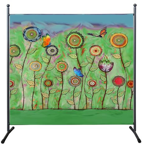Paravent Raumteiler, 180 x 178 cm, Grüne Blumen, Sichtschutz für Balkon und Garten
