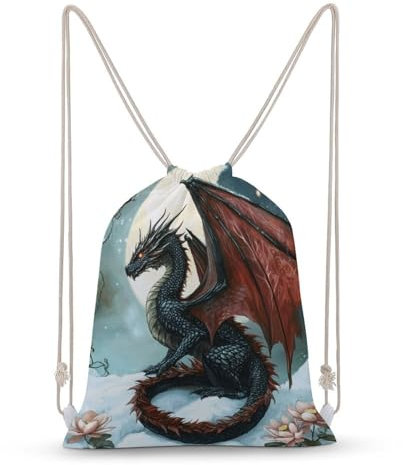 Jubonexis Leistungsstarker schwarzer Drachen-Rucksack mit Kordelzug, Segeltuch, leicht, Sporttasche für Damen und Herren