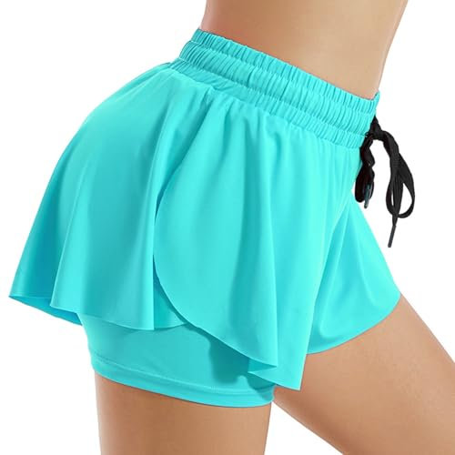 ThreeH Mujer Fluido Yoga Shorts 2 en 1 Elastano Rápido Dry Deportes Fitness Correr Pantalones Cortos Verano, Azul