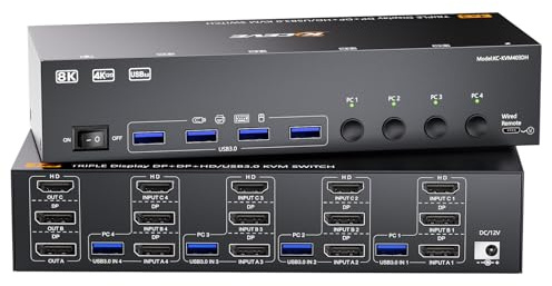 8K@60Hz KVM Switch 3 Monitors 4 Computers, HDMI + 2Displayport KVM Switch Triple Monitor for 4 Computers Sharing 3 Monitors and 4 USB 3.0 Ports, with Wired Remote, Power Supply and 4 USB 3.0 Cables
