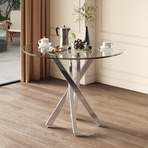Mesa de comedor redonda, 80 x 80 x 75 cm, tapa de cristal templado, patas de mesa galvanizadas, mesa de comedor simple, plata