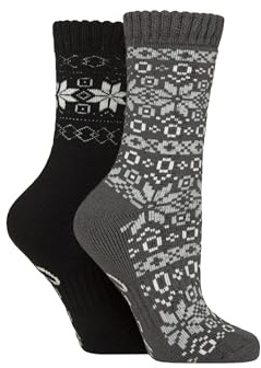 Jeep Women’s 2 Pairs Fair Isle Thermal Boot Socks – Brushed Terry-Loop Interior, Thick Cushioned, Warm & Breathable with Soft Top Cuff, Outdoor Winter Comfort, Size UK 4–8 Black/Charcoal