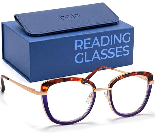 BRILO Occhiali da Lettura Donna a Farfalla, Design Elegante Scala e Blu Navy con Rami in Metallo Dorato, Sistema Flex Confortevole & Pastiglie Regolabili, Lente d'ingrandimento da Vista Certificata CE