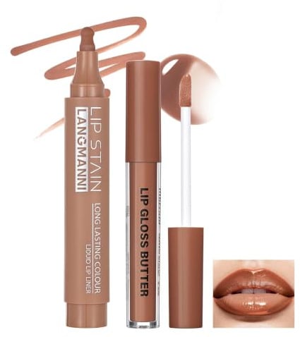 Prreal 2PCS Liquid Lipstick and Lip Liner Set, Lip Liner Stain,Set A | Waterproof Tattoo Lip Mark Pen, LipLiner Pencil and Lip Gloss, Long Lasting Non-stick Cup Liquid Makeup Set, Velvety Nude