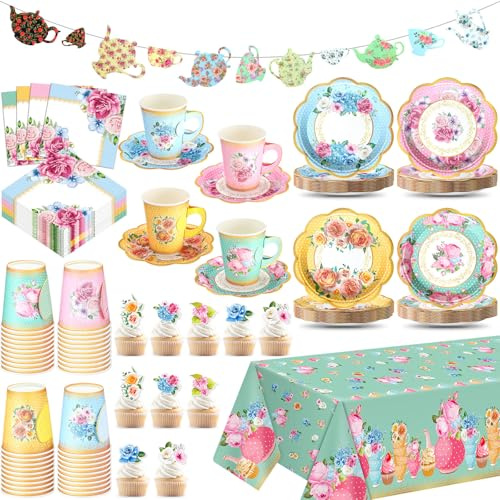 FoldTier 162 Pcs Floral Paper Tea Party Supplies Disposable Tea Cup with Handle Floral Paper Plates Napkin Cupcake Topper Decoration Banner Plastic Tablecloth for Birthday Wedding Bridal Baby Shower